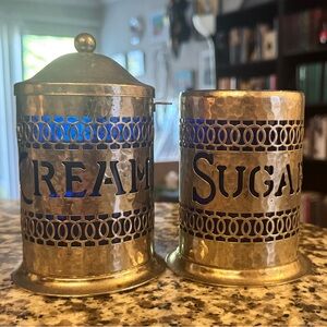 Vintage 1950s Silver and Blue Cream and Sugar Set
